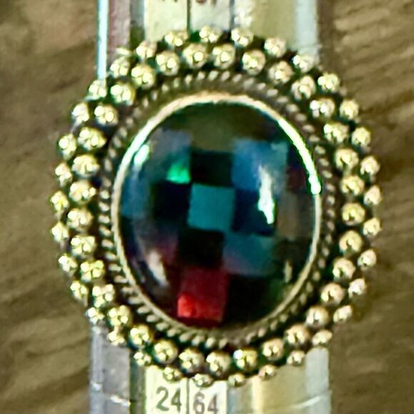 Southwest Aurora Opal & Onyx Checkerboard Sterling Silver Boho Adjustable Ring - Picture 3 of 10